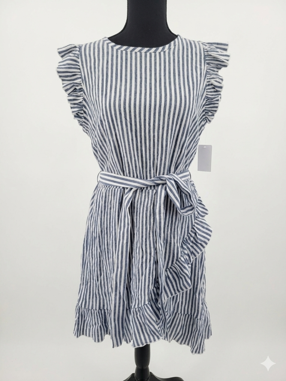 Morgan Taylor Navy & White Striped Ruffle Tie-Waist Mini Dress